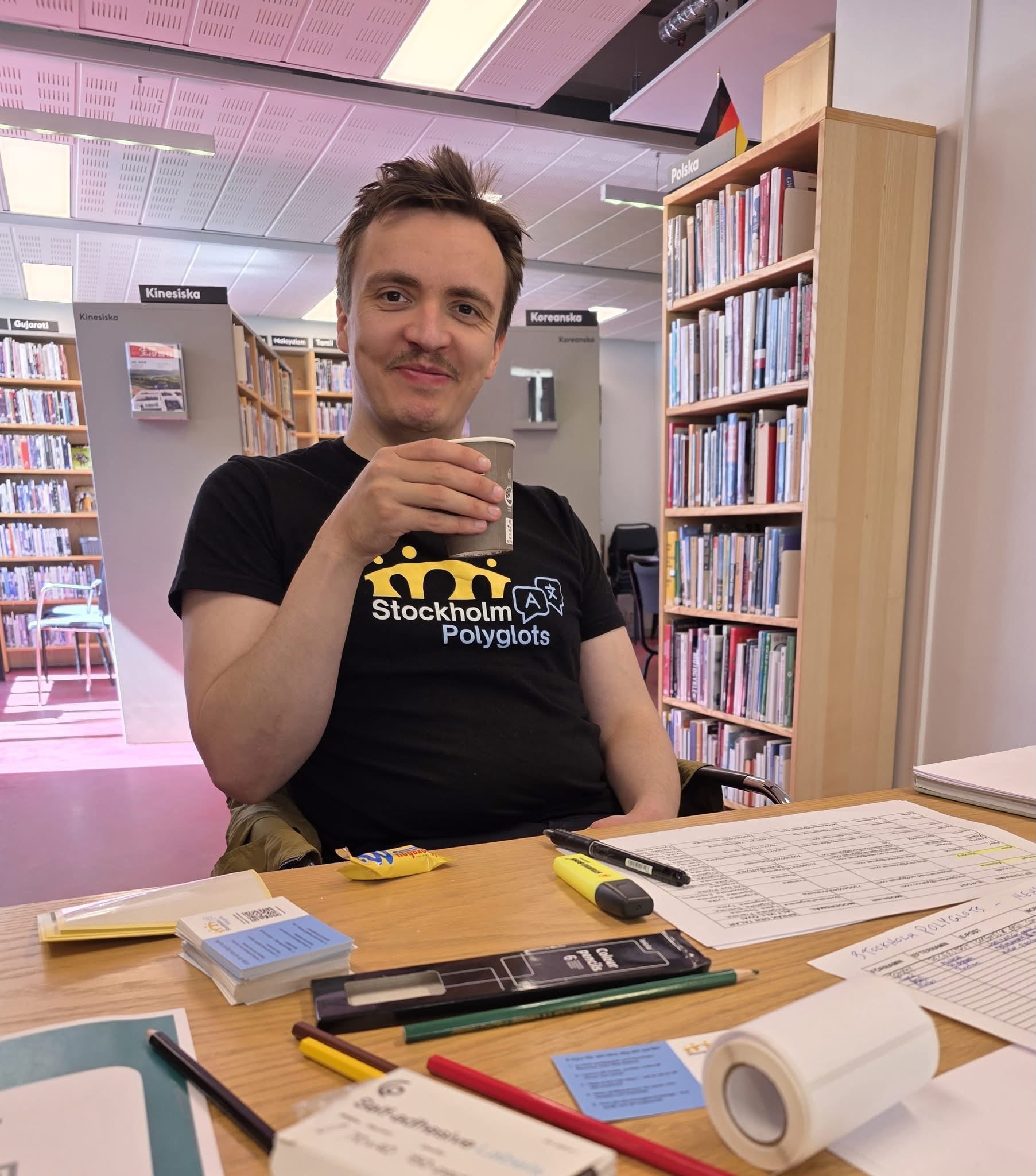 Preparing materials for a polyglot event at Stockholm City Library